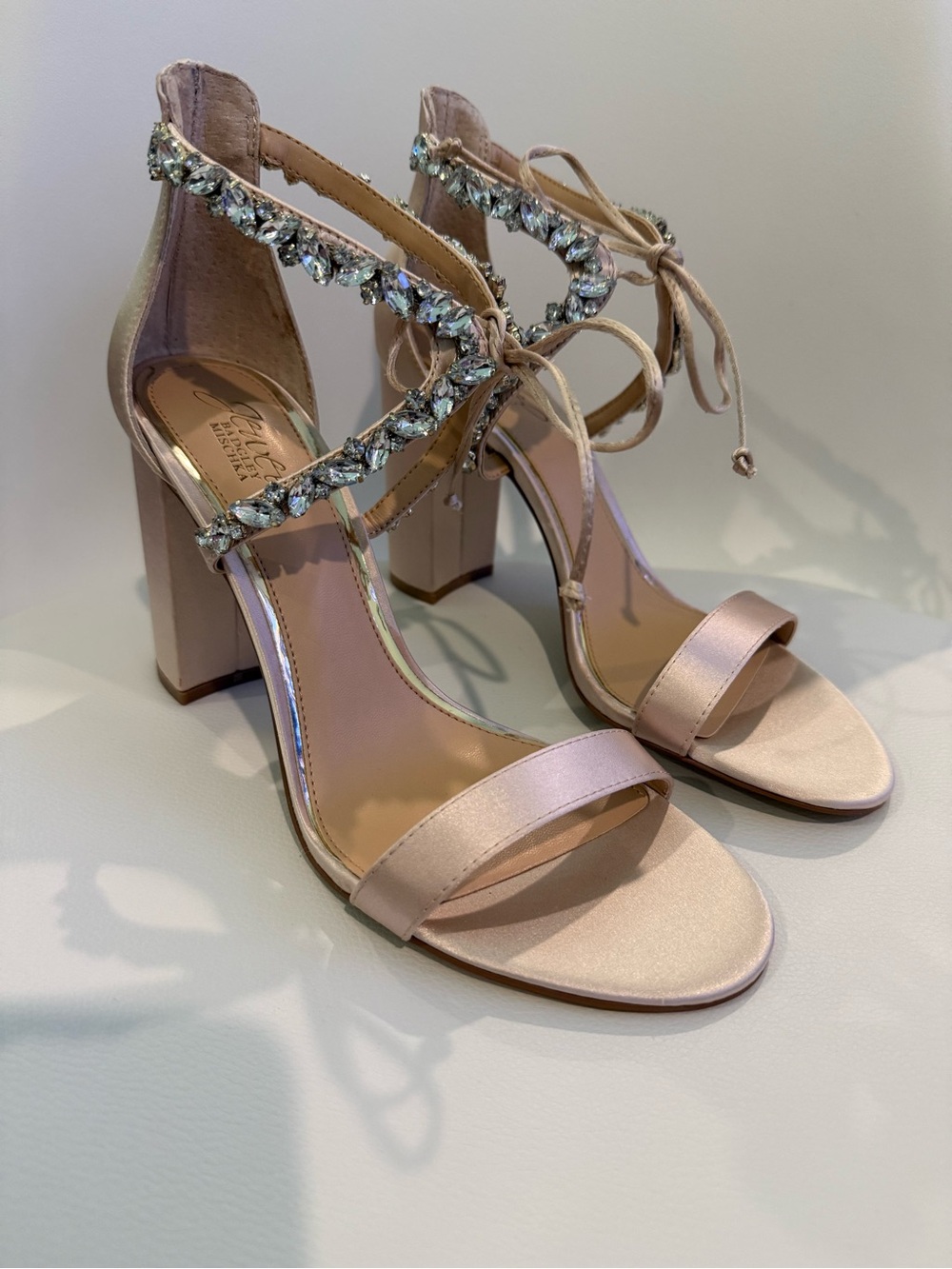 🎃 Embellished Satin Block Heel Sandals - Blush NWT